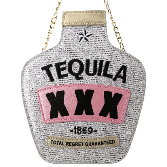 NEW “Tequila” Crossbody Chain Strap Bag Glitter Silver Gold Pink Sparkly Novelty - Picture 1 of 7